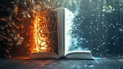 Wall Mural - An open book with pages turning, where one side of the book has imagery representing fears and limiting beliefs (e.g., dark forests, chains),