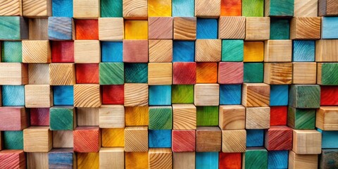 Colorful wooden cubes forming intricate texture pattern for creative backgrounds