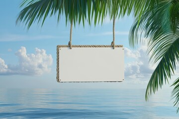 Wall Mural - A white sign hanging from a palm tree in the ocean