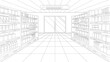 © Flash Vector - Vector illustration of a perspective sketch of modern empty supermarket interior with organized shelves and clear aisles. Represents retail space, shopping, or store layout in commercial environments.