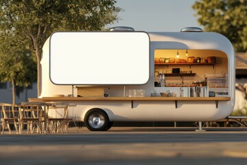 A white food truck with a large white sign on the side