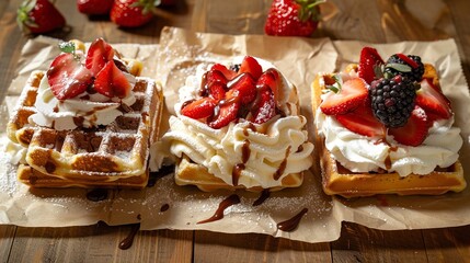 Wall Mural - Three waffles topped whipped cream with strawberries