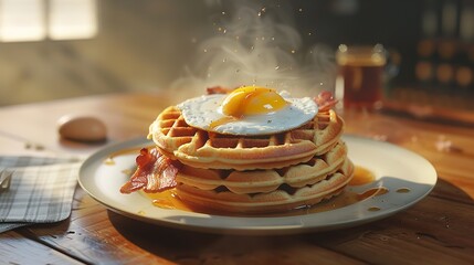 Wall Mural - Two waffles layered with bacon and an egg resting on table