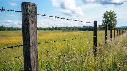 A rural fence with barbed wire in a field, emphasizing the rustic and practical use of the material.