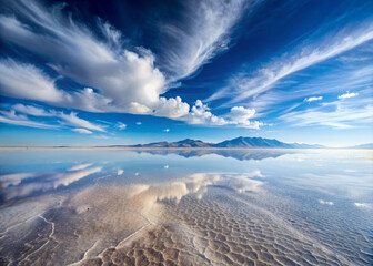 Wall Mural - breathtaking view of pristine salt flats under vibrant blue sky, showcasing stunning cloud formations and mountain reflections in water. serene landscape evokes sense of tranquility and wonder