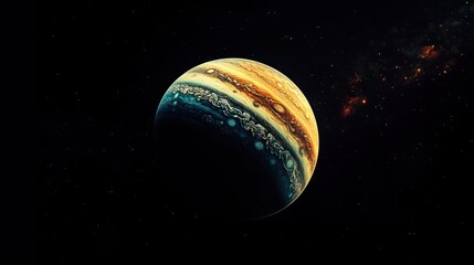 Wall Mural - a distant view of jupiter from space, its massive size and colorful cloud bands glowing against the 