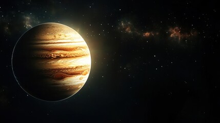 Wall Mural - a distant view of jupiter from space, its massive size and colorful cloud bands glowing against the 