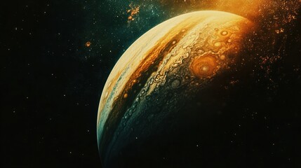 Wall Mural - a distant view of jupiter from space, its massive size and colorful atmosphere glowing against the b