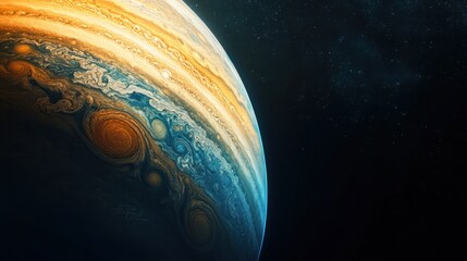 Wall Mural - a distant view of jupiter from space, its massive size and colorful atmosphere glowing against the b