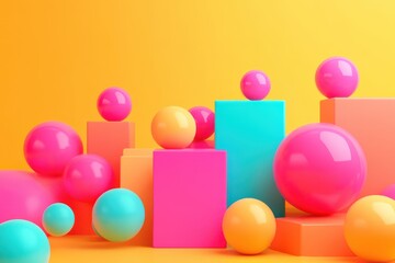 Wall Mural - A colorful display of balls and cubes on a yellow background