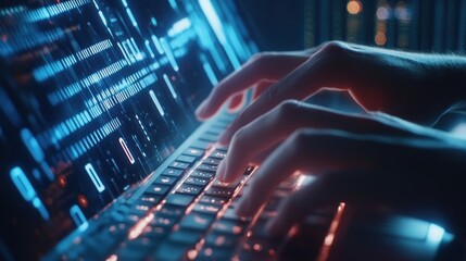 Typing on a laptop with neon lights