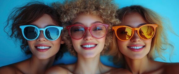 Three young women in colorful sunglasses smiling for the camera