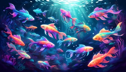 Wall Mural - Enchanted Underwater Realm with Bioluminescent Jellyfish, Iridescent Fish, and Mythological Creatures in Stunning Vector Art