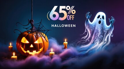 65% off logo Halloween theme Decorated with Halloween character and ghost and pumpkin as digital art