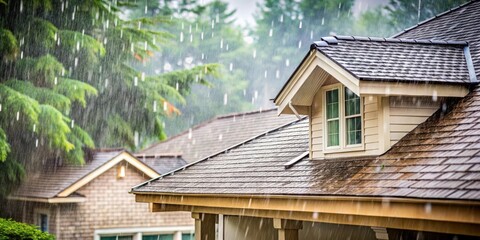 Cozy southern house roof during soft focus storm rain photo for background imagery