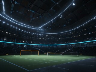 A futuristic tennis stadium features LED lines and a glass dome in 8K resolution.