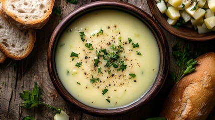 Creamy Potato Leek Soup Overhead Shot, herbs, rustic, bowl, food