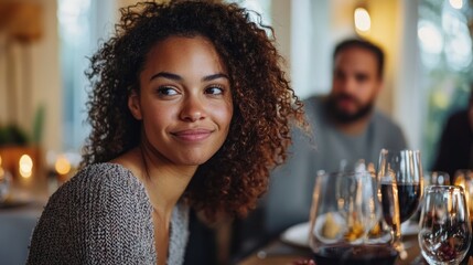 A woman rolling her eyes while her husband tells a story at a dinner party.