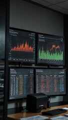 A man analyzes financial data on large monitors in a modern office.