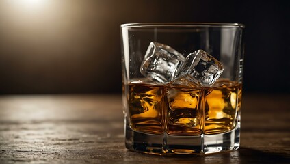 A refreshing glass of whiskey filled with ice cubes.