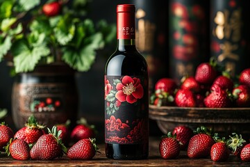 A bottle of wine with a red label and a flower design