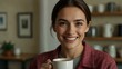 © Kasper - A woman smiles while holding a cup of coffee.