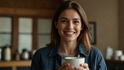 Wall Mural - A woman smiles while holding a cup of coffee.