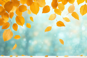 Wall Mural - golden autumn leaves falling gently against a blurred blue background during a calm afternoon