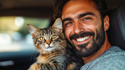 A joyful man holds his tabby cat in the car, both smiling as the sun illuminates their happy expressions during a leisurely outing