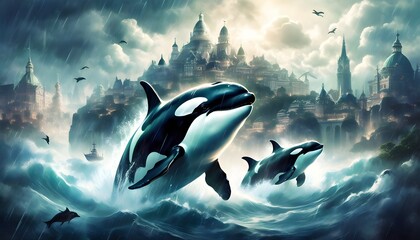 Wall Mural - Mythical Orca Breaching Tumultuous Seas Beneath Cloud-Borne City, Cascading Rain Complementing Baroque Architecture