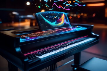 Poster - Futuristic digital piano, with holographic keys that light up when played, creating colorful soundwaves that float above the instrument, set in a high-tech music studio