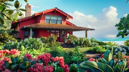 Bright red Craftsman-style house near the ocean, surrounded by lush greenery and blooming flowers.