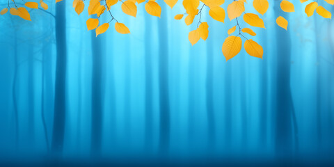 Wall Mural - golden leaves contrasting with a misty blue forest during the fall season at dawn