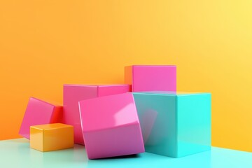 Canvas Print - A colorful stack of pink and green cubes on a yellow background