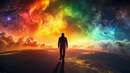 Wall Mural - man walking vibrant cosmic vista of stars nebulae