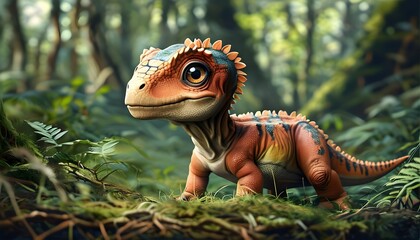 Adorable baby dinosaur exploring a lush prehistoric forest in stunning photorealism