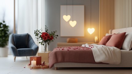 Wall Mural - Valentine's Day Bedroom with Rose Petals and Heart Decorations
