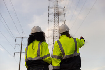 Back view of two female industry engineers working and discussing in front of a voltage-generating station and  high voltage pole