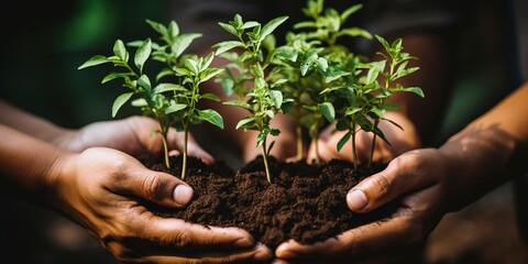 Canvas Print - hands holding seedling