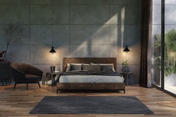 Poster - Modern contemporary loft style bedroom with empty concrete wall for copy space 3d render the room has plank floor decorated with dark brown bed large window with nature outside