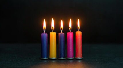 A vibrant display of six colorful candles with glowing flames, arranged against a dark background, creating a warm and inviting atmosphere.