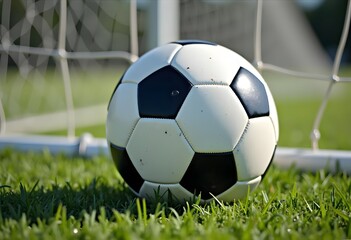 Wall Mural - Soccer football on green grass field and goal post
