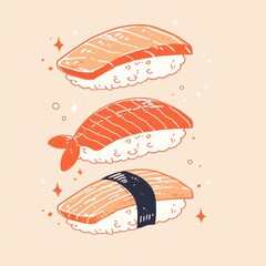 Colorful Sushi Illustration with Rice and Fish