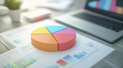 Leinwandbilder - A high-angle view of a 3D pie chart with labeled segments, placed on a desk alongside business documents and a laptop, symbolizing data analysis in a corporate setting.