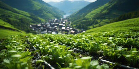 Canvas Print - landscape with grass and mountains