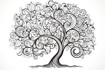 Intricate tree of life illustration for coloring enthusiasts, evoking tranquility and nature connection