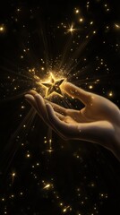 A hand holds a shining golden star, radiating light, symbolizing success and recognition