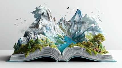 Wall Mural - Giant open book as a mountain landscape, educational adventure, 3D illustration., style sticker no background,space for text,