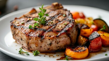 Poster - A high-resolution image of a perfectly grilled pork steak with a juicy center, garnished with fresh herbs and served with roasted vegetables on a white plate.