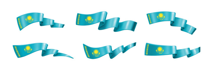 Wall Mural - Set of waved blue silk ribbons with a traditional kazakh ornament, sun and eagle isolated on a white background. Flag of Kazakhstan. Design element for greeting card of national Kazakhstan holidays